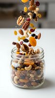 Mixed nuts and dried fruits falling into glass jar with motion effect, healthy snack food photography for packaging, advertising, and nutritional content.