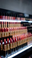 Luxury lipstick collection display with golden tubes in various shades from pink to red arranged on illuminated cosmetic store shelves for beauty retail.