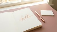 Open notebook with hello calligraphy on a pink desk beside a rose gold pen and blank cards, soft natural light, feminine workspace.