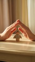Protective hands forming shelter over small wooden figure symbolizing care, safety, security and guardianship in warm natural light for insurance concepts.