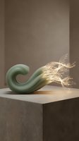 Sage green curved ceramic sculpture with glowing fiber optic light strands emerging from end, displayed on concrete pedestal against neutral beige wall for modern art and interior design projects.