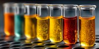Colorful laboratory test tubes with vibrant liquid samples in yellow, red, orange, and green for scientific research and chemical analysis.