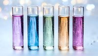 Colorful laboratory test tubes with purple, blue, green, amber, and pink liquid samples against soft bokeh background for scientific research.