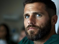 Confident male medical professional with beard and blue eyes wearing scrubs gazes thoughtfully into distance during hospital shift, portraying healthcare expertise.