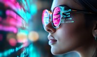 Young Asian woman wearing futuristic glasses with digital data reflection, neon pink and blue lights creating cyberpunk atmosphere in dark environment.