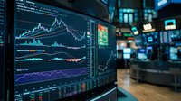 Stock market trading terminal displaying real-time financial data, charts and graphs for investment analysis, forex trading, cryptocurrency monitoring and business analytics in modern office.