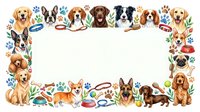 Adorable dog breeds frame with paw prints, collars and bowls creating decorative border for pet-related designs and announcements.