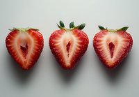 Fresh strawberry halves arranged in row showing juicy red interior on neutral gray background, perfect for food photography and recipe designs.