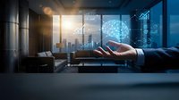 Businessman hand holding digital globe with financial data analytics charts and city skyline visible through office window at sunset, representing global business strategy and technology innovation.