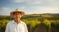 Senior male farmer wearing straw hat and white shirt standing in vineyard during daytime. Agricultural professional posing outdoors with grapevines and rolling hills in background.