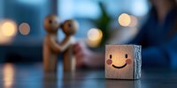 Wooden cube with happy smiling face on blurred background with bokeh lights and decorative figures. Concept of positivity, joy and emotional wellbeing.