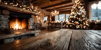 Rustic wooden table in cozy cabin interior with stone fireplace and decorated Christmas tree, creating warm holiday atmosphere.