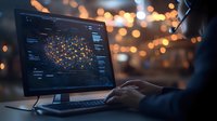 Digital network visualization on computer screen with glowing nodes and connections against blurred bokeh background, showcasing data analytics and connectivity.