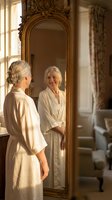 Senior Caucasian woman in white bathrobe looking at reflection in ornate golden mirror in luxury hotel room with natural sunlight streaming through window.