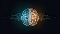 Artificial intelligence brain with mechanical gears and circuit patterns on dark background for technology and innovation concepts.
