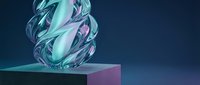 Twisted glass sculpture with flowing cyan and magenta light effects on geometric platform, modern abstract art for contemporary design projects.