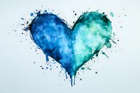 Watercolor heart in blue and turquoise tones with splatter effect on white background, artistic expression of love and emotions. Suitable for greeting cards.