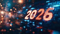 Futuristic digital display showing year 2026 with glowing numbers against blue technology background with bokeh light effects.