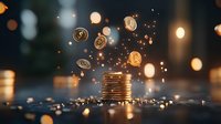 Golden coins stacked with magical sparkles and floating currency symbols against dark background with bokeh lights, financial concept visualization.