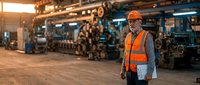 Industrial worker in orange safety vest and hard hat standing in steel pipe warehouse facility with metal tubes and machinery in background.