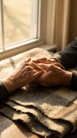 Elderly hands clasped together in warm sunlight by window, showing love, care and togetherness in cozy home setting with soft blanket and peaceful atmosphere.
