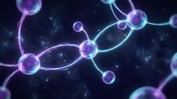 Glowing purple and cyan molecular structures connected by luminous strands against dark starry background, suitable for science, technology, and medical research presentations.