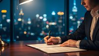 Professional businessman signing contract documents at modern office desk during evening hours with city lights bokeh background.