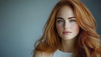 Young Caucasian woman with long wavy red hair and natural makeup looking at camera against soft blue background for beauty and fashion concepts.
