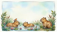 Watercolor capybaras relaxing by pond with aquatic plants and flowers in serene natural habitat scene for children's books and nature illustrations.