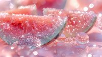 Fresh watermelon slices with sparkling water droplets and bokeh lights creating magical summer atmosphere in pink and coral tones.