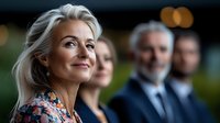 Confident mature businesswoman with blonde hair smiling while standing with diverse professional team outdoors, natural bokeh background creates positive corporate atmosphere.