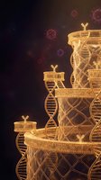 Glowing golden DNA helixes with illuminated baskets stacked in ascending levels against dark background with floating virus particles, representing genetic research and biotechnology advancement.