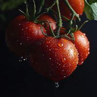 Fresh red tomatoes on vine with water drops against dark background, dramatic lighting highlights natural moisture and texture for food photography.