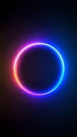 Glowing neon circle frame with gradient color transition from pink to blue on dark background, electric light effect with particles and shine.