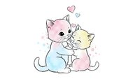 Two adorable cartoon kittens embracing with hearts floating above, pastel colors on white background isolated for design use in greeting cards and gifts.