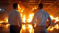 Two businessmen in white shirts observe large industrial fire, dramatic orange flames illuminate dark warehouse interior, emergency disaster scene.