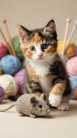 Calico kitten playing with knitted mouse toy surrounded by colorful yarn balls and knitting needles on neutral background. Perfect for pet, crafts, and hobby content.