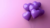 Purple heart-shaped balloons floating against pink gradient background with copy space for romantic celebrations, Valentine's Day, love concepts.