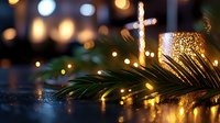 Glowing cross with bokeh lights and pine branches reflected on wet surface creates magical Christmas atmosphere. Religious holiday concept.