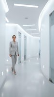Businesswoman in gray suit walking through modern white corridor with minimalist design, glass doors, and linear ceiling lights in contemporary office space.