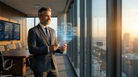Professional businessman using smartphone with digital interface icons in modern office boardroom overlooking city skyline at sunset.