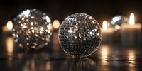 Shiny disco balls reflecting light on dark wooden surface with glowing candles in background creating festive party atmosphere.