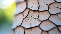 Macro photography of dry cracked earth texture with hexagonal pattern and natural bokeh background, showing environmental drought conditions and climate change effects.