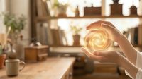 Hands holding glowing energy spiral in cozy kitchen interior with warm lighting and wooden shelves creating magical atmosphere for wellness concepts.