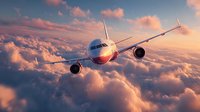Commercial airplane flying through dramatic sunset clouds with golden light illuminating aircraft wings and fuselage during evening flight journey.