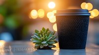 Black textured takeaway coffee cup and small green succulent plant on wooden surface with warm bokeh lights creating cozy atmosphere. Perfect for cafe marketing.