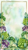 Watercolor frame featuring fresh green and purple cauliflower with broccoli florets arranged on sides, isolated on soft pastel background with gold border, ready for recipe cards, menus, and culinary designs.