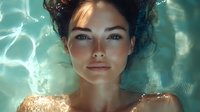 Young Caucasian woman floating in turquoise pool water with serene expression, sunlit face partially submerged, wet dark hair flowing. Wellness and spa concept.