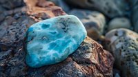 Polished larimar gemstone displaying ethereal blue patterns and natural veining rests on rough volcanic rock, showcasing its Caribbean origin and healing properties.