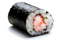 Fresh sushi roll with crab meat, rice, cucumber wrapped in nori seaweed on white background, macro food photography for restaurant menu and advertising.